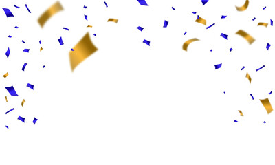 Gold and blue confetti and ribbon background, isolated on transparent background. PNG illustration.