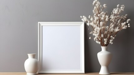 Fototapeta na wymiar Mock up white frame and vase on a table. Generative AI