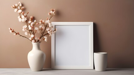 Mock up white frame and vase on a table . Generative AI