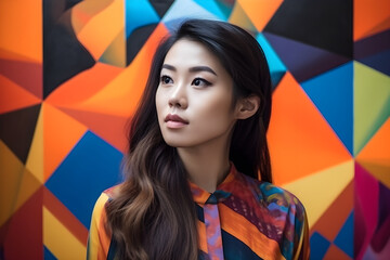 Portrait of a beautiful young asian woman. Colorful hand painted artistic background. Generative AI