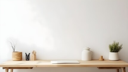Obraz na płótnie Canvas Office table, empty desk with supplies and white wall copy space. Generative AI