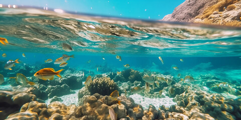 Fototapeta na wymiar Underwater snorkeling tropical sea or ocean banner. AI generative 