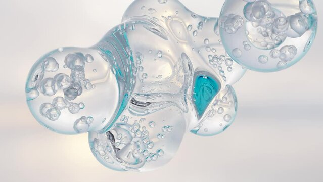 essential Oil Bubbles for cosmetics in water. blue liquid bubbles, fluid flow. Collagen, atoms floating, Moisturizing Cream, Skin Serum, Vitamin, beauty concept, 3d render
