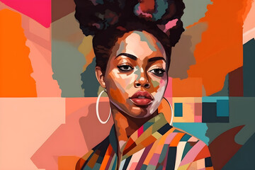 Portrait of a beautiful young african american woman. Colorful modern hand painted art with geometric shapes. Generative AI