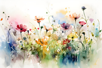 Watercolor painting - delicate and colorful summer flowers, isolated on a perfect white background. Hand drawn illustration. Generative AI