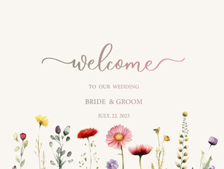 Welcome wedding sign. Calligraphy with watercolor wild herbs and flowers. Abstract floral art background vector design for wedding invitation and vip cover template.generative ai