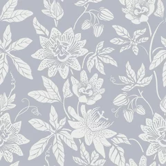 Schilderijen op glas Seamless monochrome pattern with flowers. Wallpaper. Background with sketch climbing flowers. Retro graceful style. Design for textile, wallpaper, web, paper, invitation, cover. Floral backdrop © sunny_lion