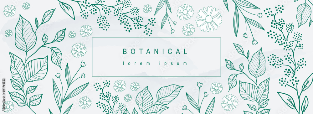 Poster Botanical abstract background with floral line art design. Horizontal web banner in minimal style with different green leaves, plant twigs, blooming flowers and wildflowers. Vector illustration.