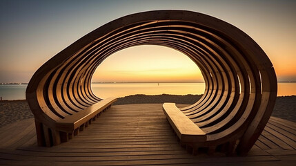 Naklejka premium A bench on a beach with the sun setting behind it