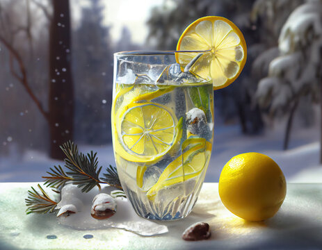 glass of lemonade against the backdrop of a winter landscape. Generative AI