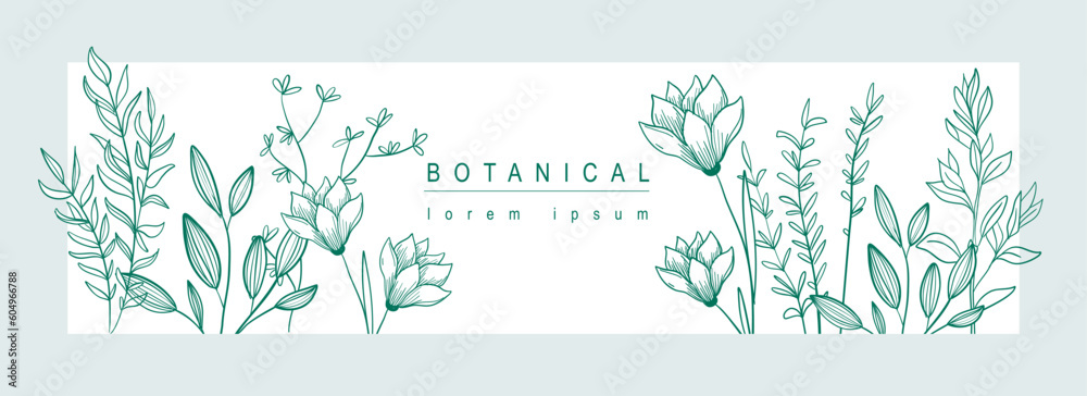 Aufkleber botanical abstract background with floral line art design. horizontal web banner in minimal style wi