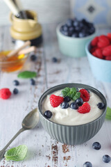 A bowl with Greek yogurt with berries
