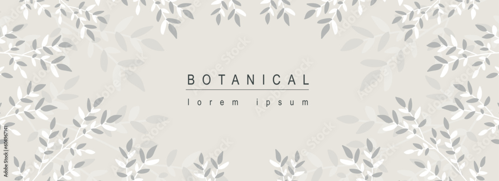 Poster Botanical abstract background with floral line art design. Horizontal web banner with monochrome vignetting frame with herbs, twigs, branches with leaves and foliage plants. Vector illustration.