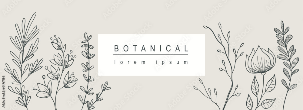Aufkleber botanical abstract background with floral line art design. horizontal web banner with minimal elegan