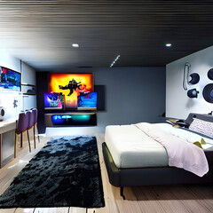 Escape into a World of Gaming Bliss with a Bedroom Setup Tailored for Gamers" Created Using Generative AI Tools.