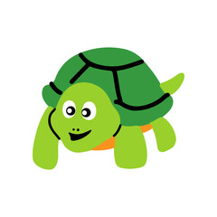 Cute and funny green turtle with brown shell. Side view of happy tortoise character standing isolated on white background. Childish colored flat vector illustration