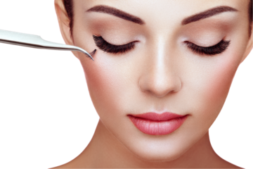 Beautiful Woman with Extreme Long False Eyelashes. Eyelash Extensions. Makeup, Cosmetics. Beauty, Skincare. Woman Glues Eyelashes