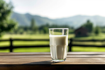 Glass of fresh milk on a wooden table, blurred pastoral landscape background.