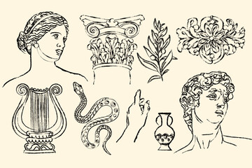 Ancient sketch drawings - statues, bust, pillar, amphora, column. Different objects. Mythical, ancient Greek or roman style. Hand drawn sculpture illustration. Classic statues. Collage art elements