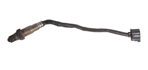 Lambda probe - oxygen sensor device designed to record tamount of remaining oxygen in the exhaust gas of car engine is located in exhaust system. Metal spare part for replacement to repair in workshop