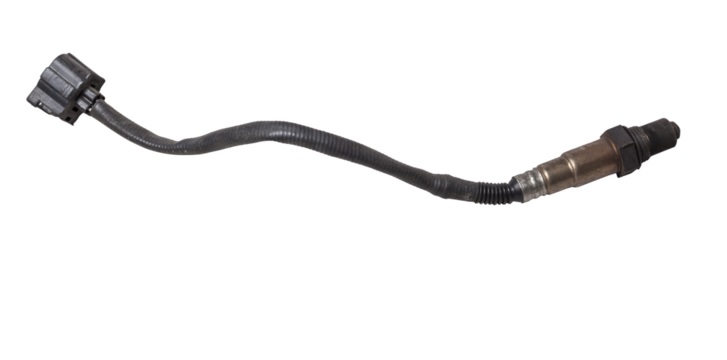 Lambda probe - oxygen sensor device designed to record tamount of remaining oxygen in the exhaust gas of car engine is located in exhaust system. Metal spare part for replacement to repair in workshop