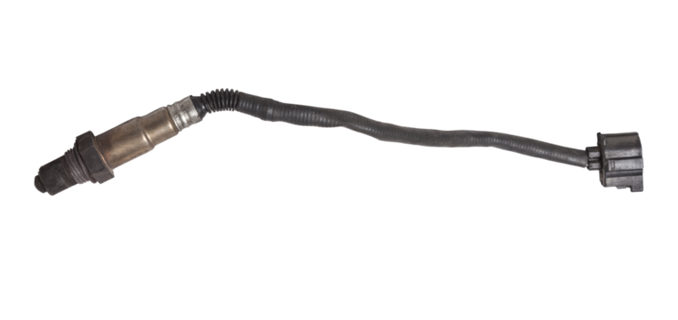 Lambda probe - oxygen sensor device designed to record tamount of remaining oxygen in the exhaust gas of car engine is located in exhaust system. Metal spare part for replacement to repair in workshop