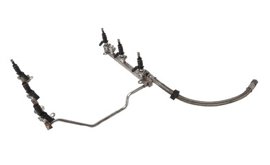 Close-up on a car fuel injector for supplying gasoline to cylinder engine on a white isolated background. Spare parts catalog.