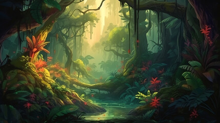 Obraz premium Adventure rainforest nature landscape background generative ai