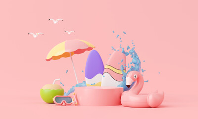 Summer pink vacation beach with Flamingo inflatable ring background concept, Minimal Realistic Display Podium for Product mock-up or Cosmetics with summer pink theme, inflatable ring. 3d rendering