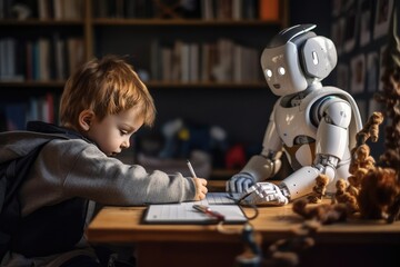 Fototapeta na wymiar A robot helping with the homework, future of AI, children. Generative AI 
