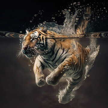 Image of a tiger swimming on a dark background. Wildlife Animals. Illustration. Generative AI.