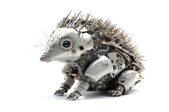 Image of a porcupine modified into a electronics robot on a white background. Wildlife Animals. Illustration, Generative AI.