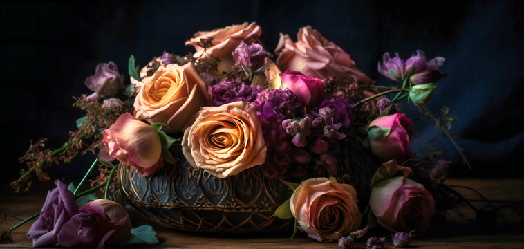 pink and purple roses on dark wooden background