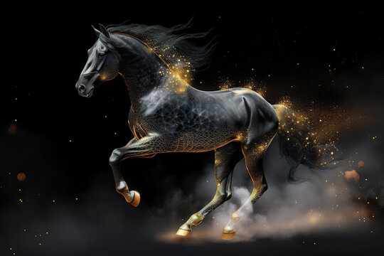Image of horse is running on black background. Wildlife Animals. Illustration. Generative AI.