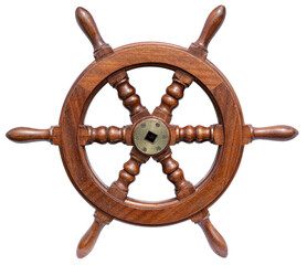 Fototapeta Wooden steering wheel rudder of a small boat isolated obraz