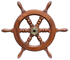 Foto auf Acrylglas Schiff Wooden steering wheel rudder of a small boat isolated