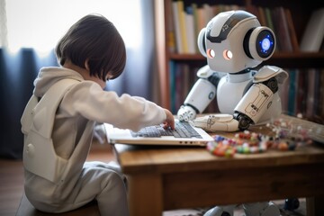 A robot helping with the homework, future of AI, children. Generative AI  - obrazy, fototapety, plakaty