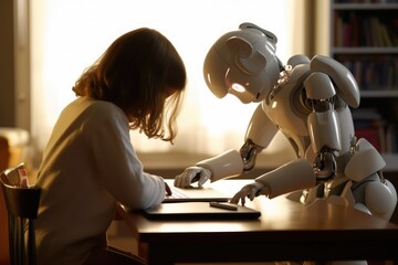 A robot helping with the homework, future of AI, children. Generative AI 