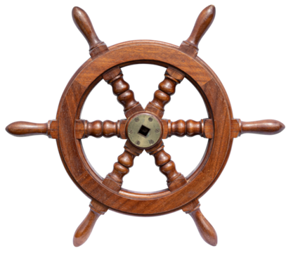 Wooden steering wheel rudder of a small boat isolated