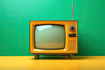 AI Generative Illustration of a vintage analog television with lamp beside it on color background in 70s style