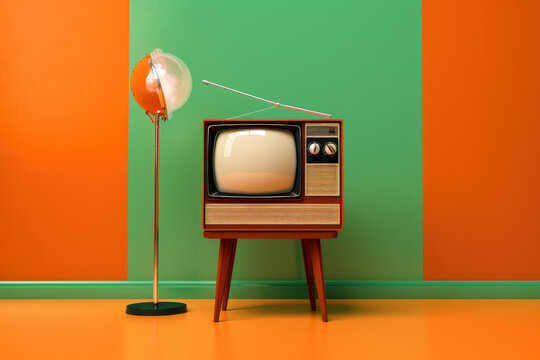 Generative AI Illustration of an analog TV in a colorful room in pop style