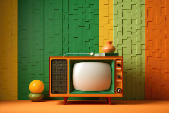 AI Generative Illustration of a vintage analog television with lamp beside it on color background in 70s style