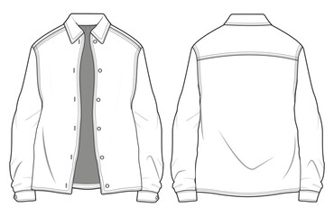Shirt Jacket Front and Back View. Fashion Illustration, Vector, CAD, Technical Drawing, Flat Drawing, Template, Mockup.