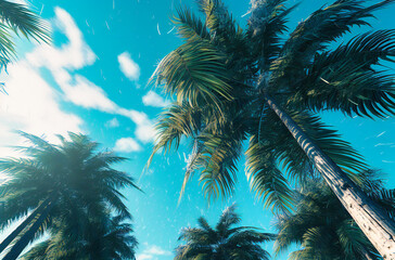 Fototapeta na wymiar a blue sky and palm trees with dew