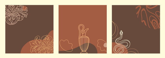 Editable social media frames, post templates. Beige, pastel, brown colors. Boho elegant background. Layout for business : sale, shop now. For fashion shops, brand. Set of 3. Square backgrounds