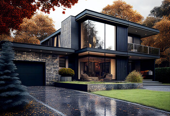 Contemporary modern black house. Architect's house. Modern house with large windows. Real estate. Real estate agency. Real estate agent
