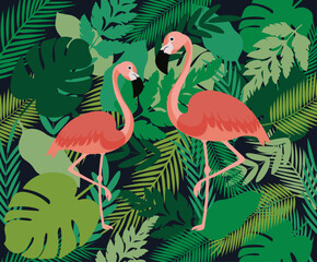 Tropical background with two flamingos.