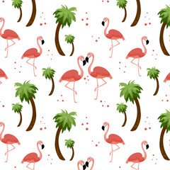 Seamless pattern with flamingos and palm trees.
