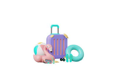 Obraz premium Summer time pink vacation beach with Minimal suitcase luggage, inflatable rings, other elements isolated on clear png background, summer pink theme. minimal cute design. 3d render.