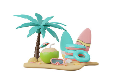 Summer pink vacation beach with Minimal Surfboard, island, elements isolated on clear png background concept, summer pink theme. minimal cute design. 3d rendering